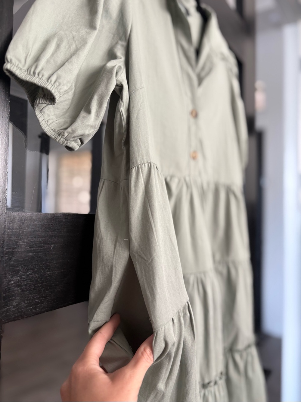 PinkBlush Elleborn Sage Green Tiered Dress Puff Sleeve Collared Button L NWT - Picture 6 of 12